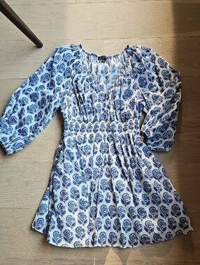 J.Crew Blue & White Paisley Smocked Waist Dress | Button Front | Pockets